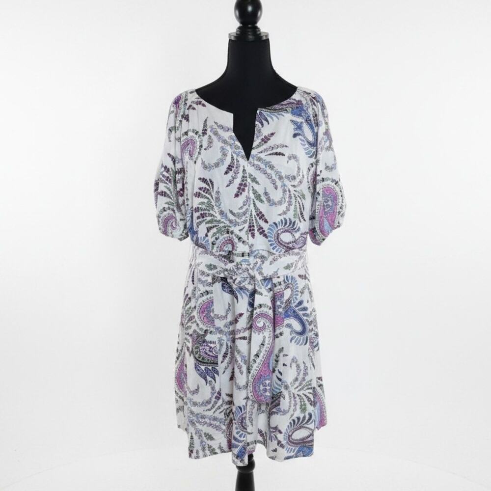 LOFT Women's Size 10 Purple White Paisley Linen Blend Beted Puff Sleeve Dreess - Picture 3 of 8